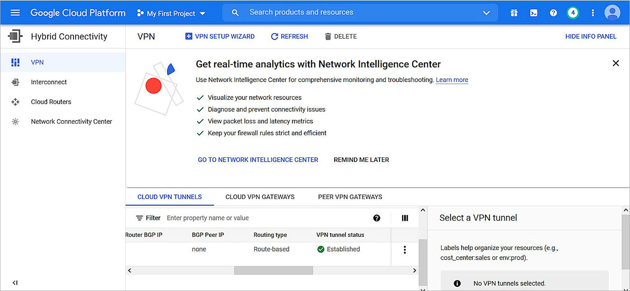 Screen shot of the VPN tunnels list in Google Cloud Platform